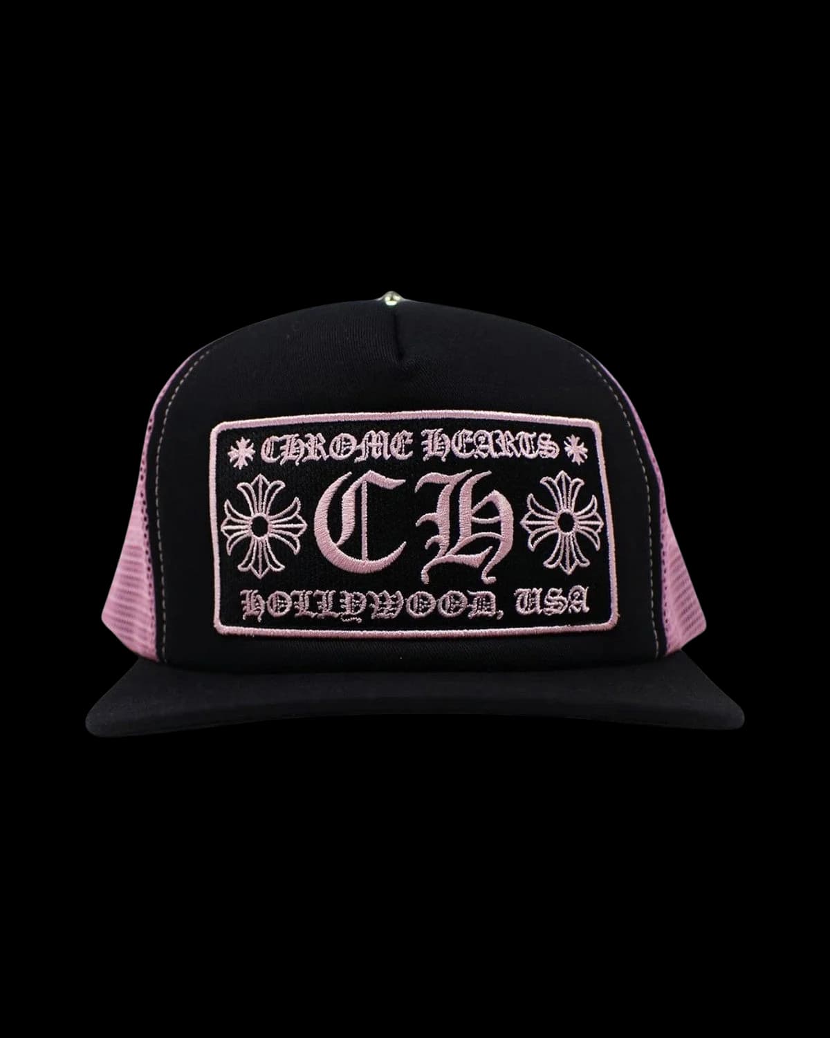 Chrome Hearts CH Hollywood Trucker Cap Black/Pink - front view